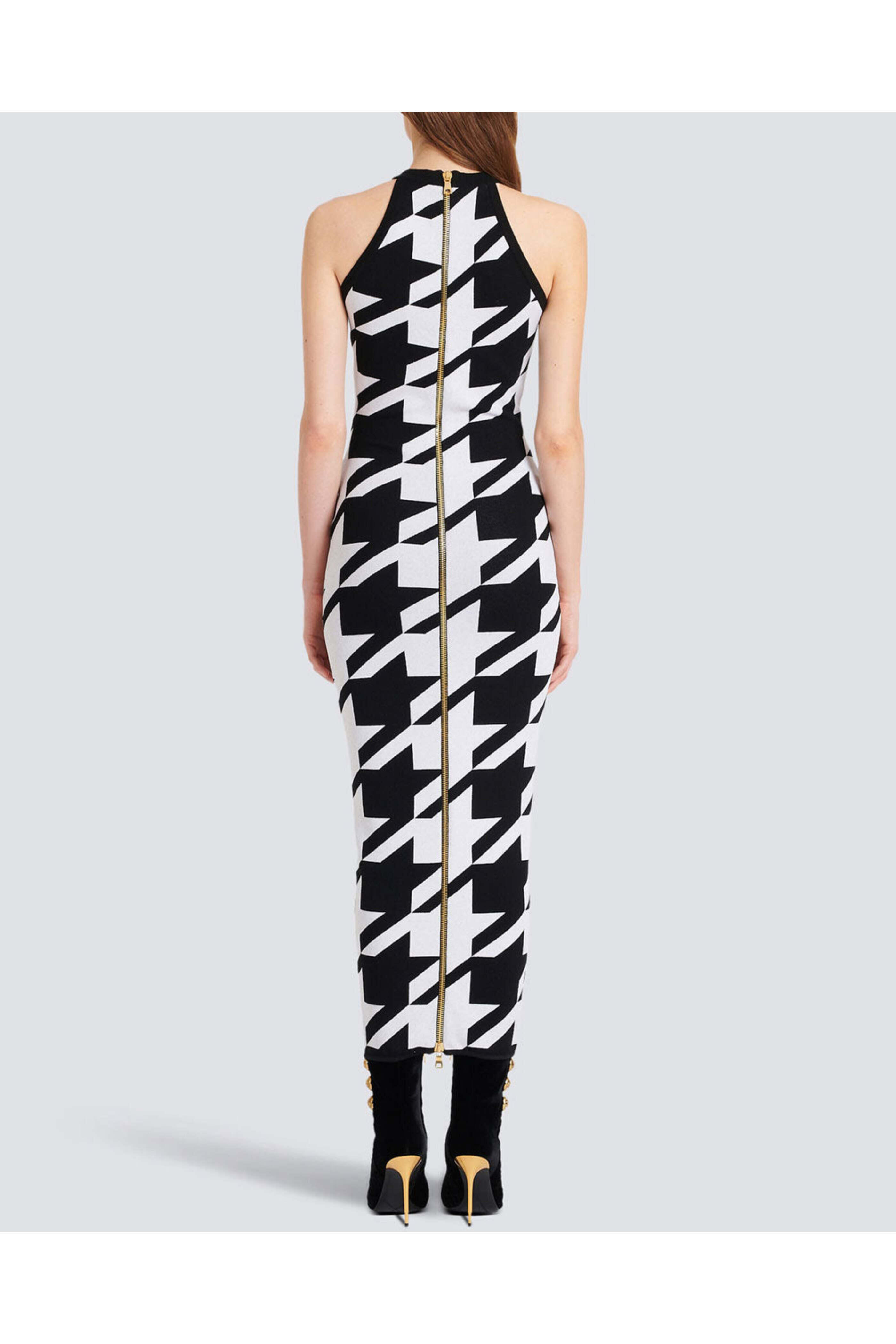 Balmain - Noir and Blanc Houndstooth Knit Midi Dress
