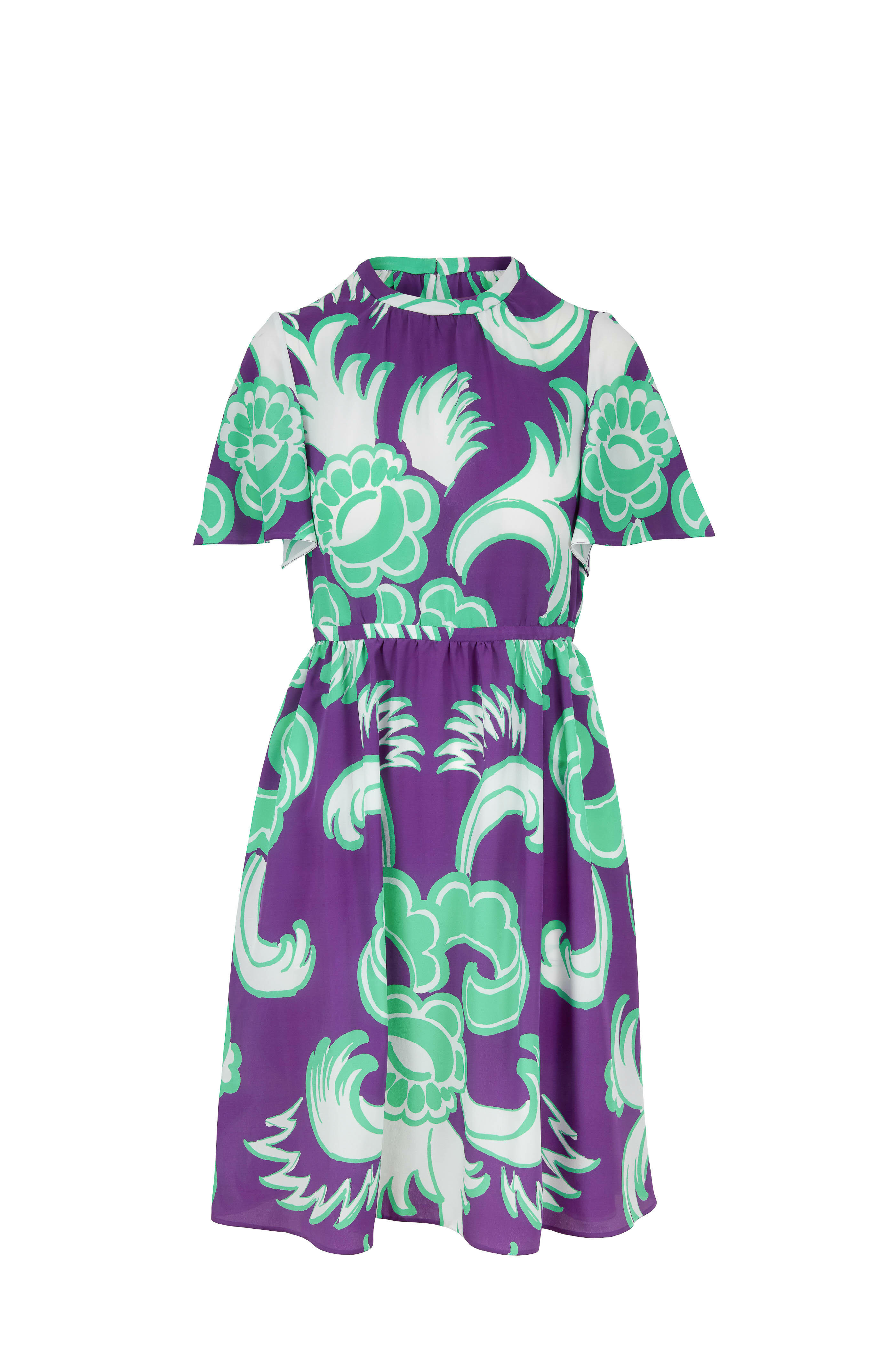 Valentino - Lapis Printed Stretch Silk Flutter Sleeve Dress