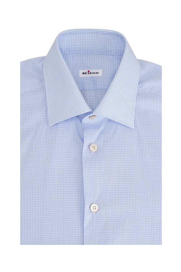 Kiton Light Blue Gingham Cotton Sport Shirt