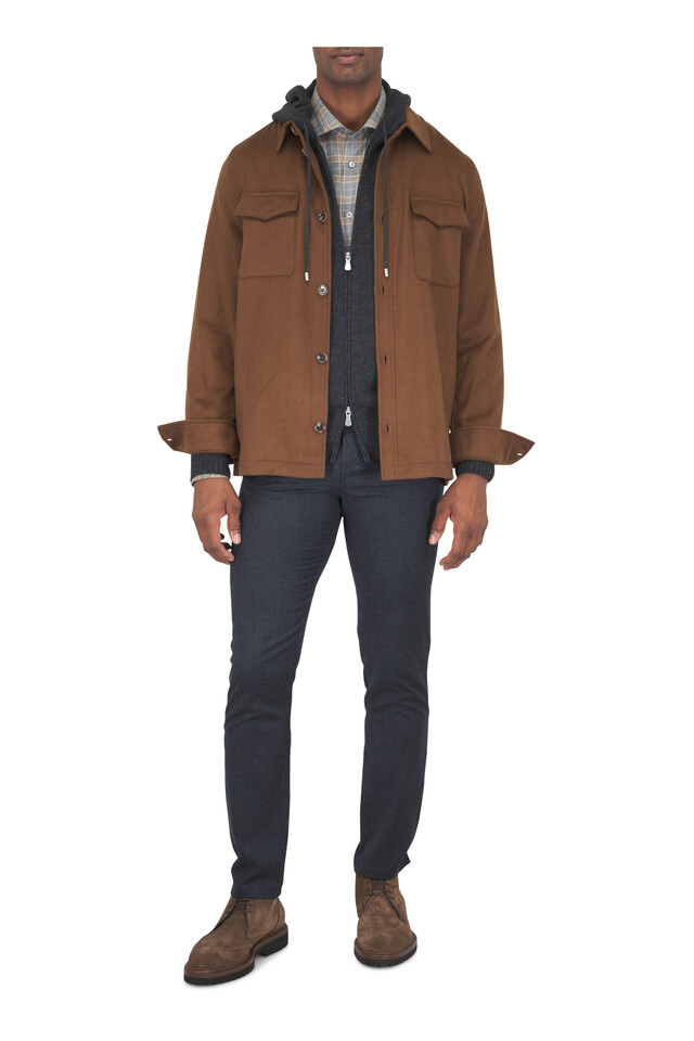 Designer outfit featuring Panaro Mustang  Dark Brown Suede Dress Shoe and Bronze Wool & Silk Shirt Jacket