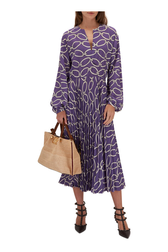 Valentino - Purple Chain Pattern Pleated Midi Dress 