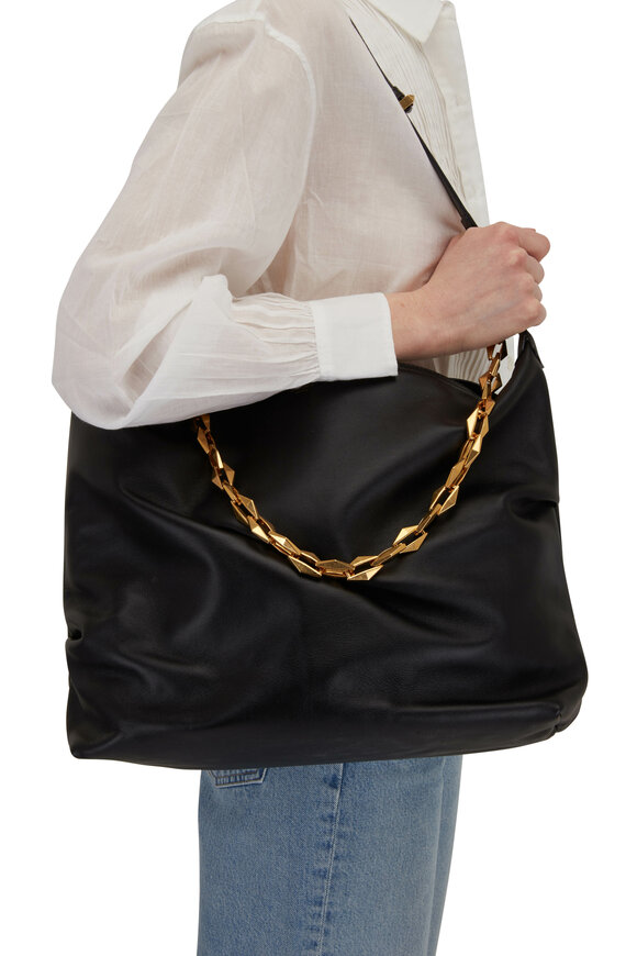 Jimmy Choo - Black & Gold Soft Leather Hobo Bag with Chain