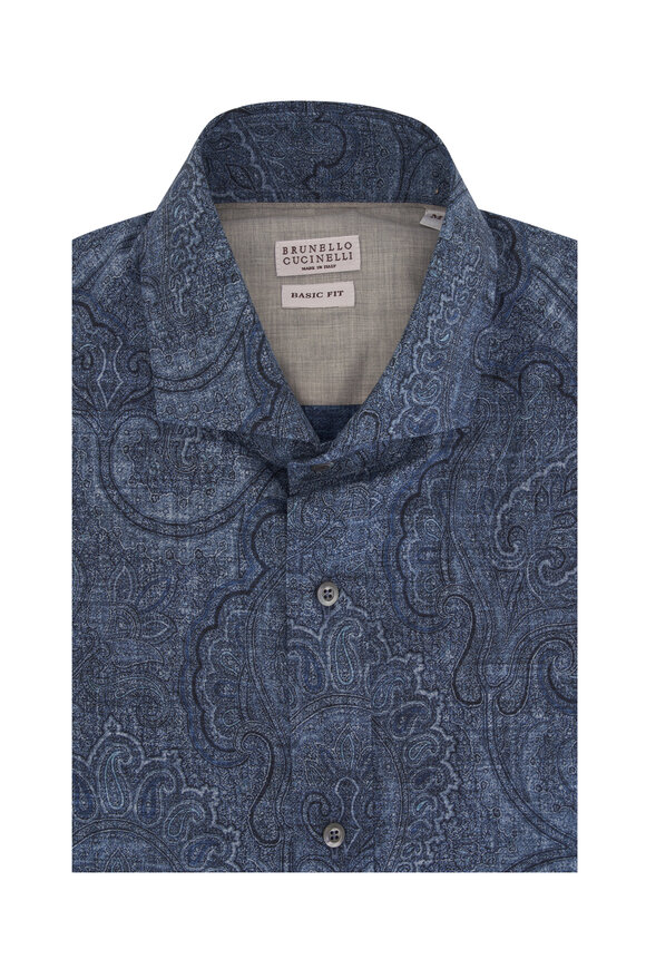 Brunello Cucinelli Paisley Blue Cotton Sport Shirt