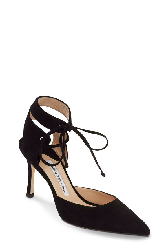 Manolo Blahnik - Lara Ankle Strap Black Suede Pump, 90mm