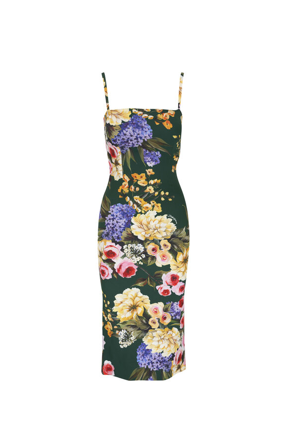 Dolce & Gabbana Green Floral Print Stretch Silk Midi Dress 