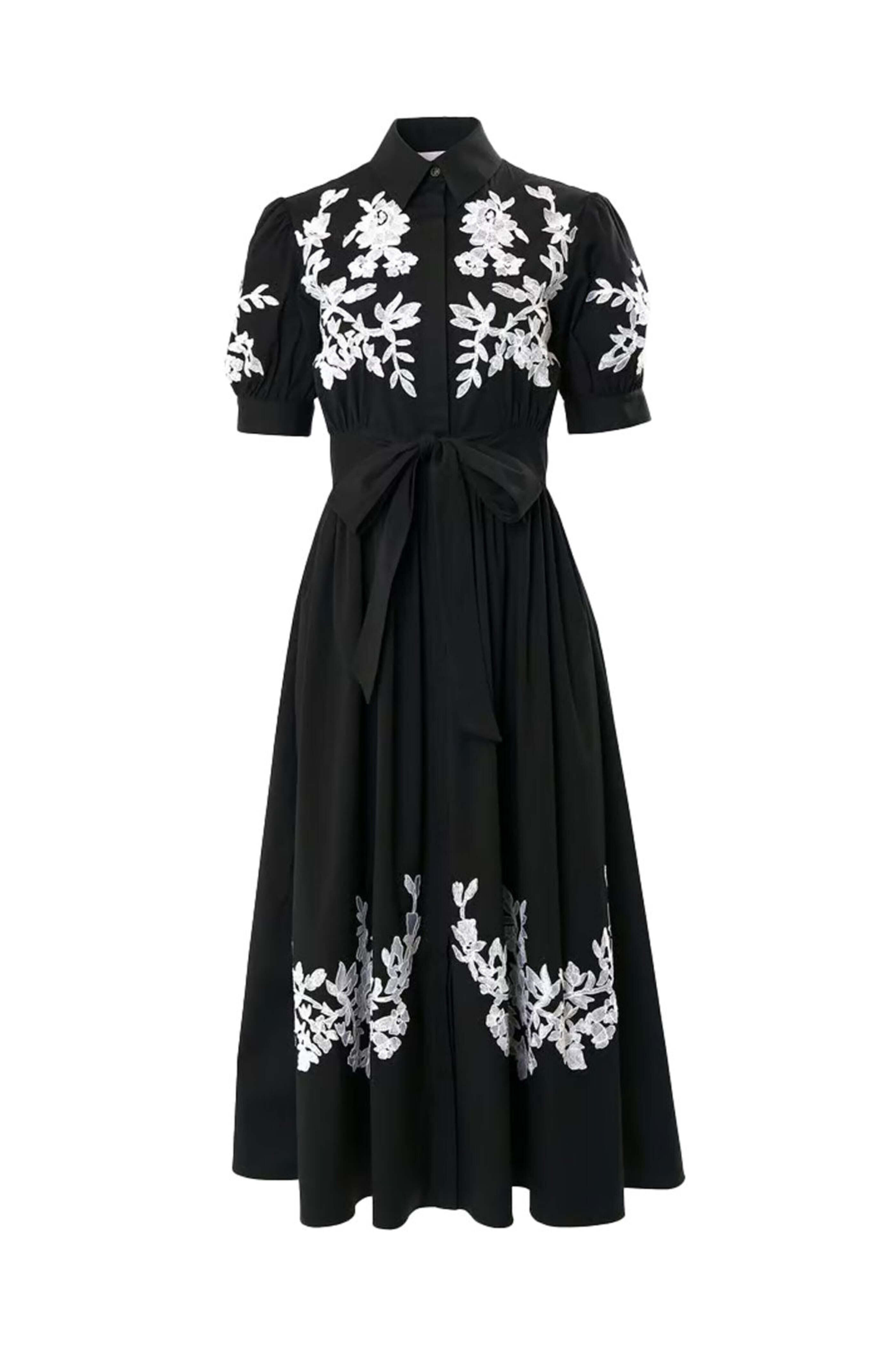 Carolina Herrera - Black and White Embroidered Tie Waist Shirt Dress