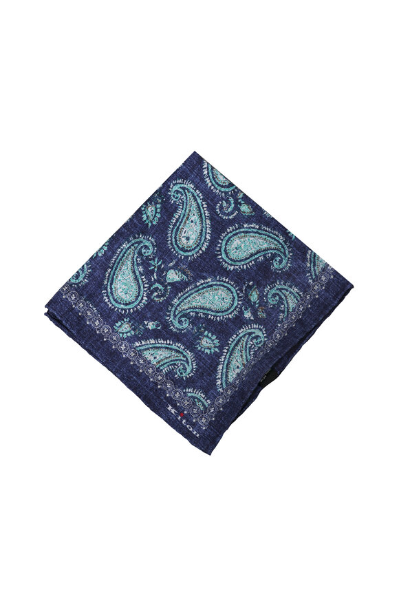 Kiton Navy Blue Paisley Silk Pocket Square - view 1