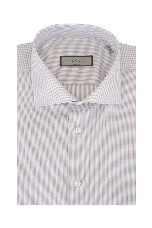Canali Beige & Gray Micro Check Cotton Dress Shirt