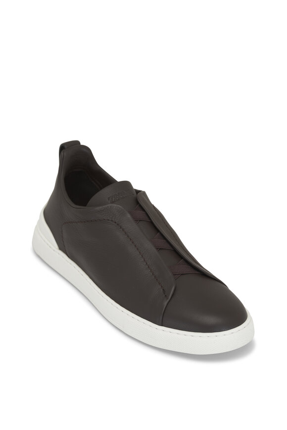 Zegna Triple Stitch Brown Leather Sneaker