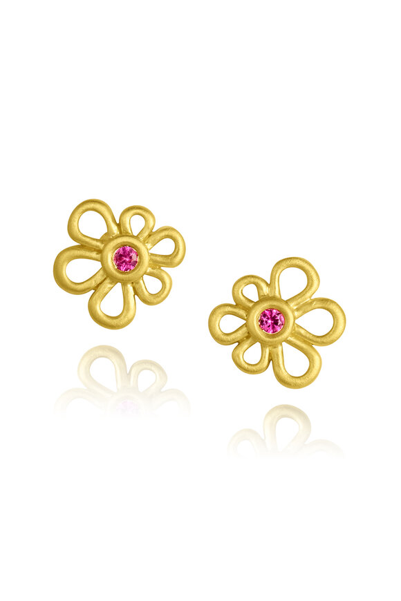 Leigh Maxwell 18k Yellow Gold Pink Sapphire Flower Stud