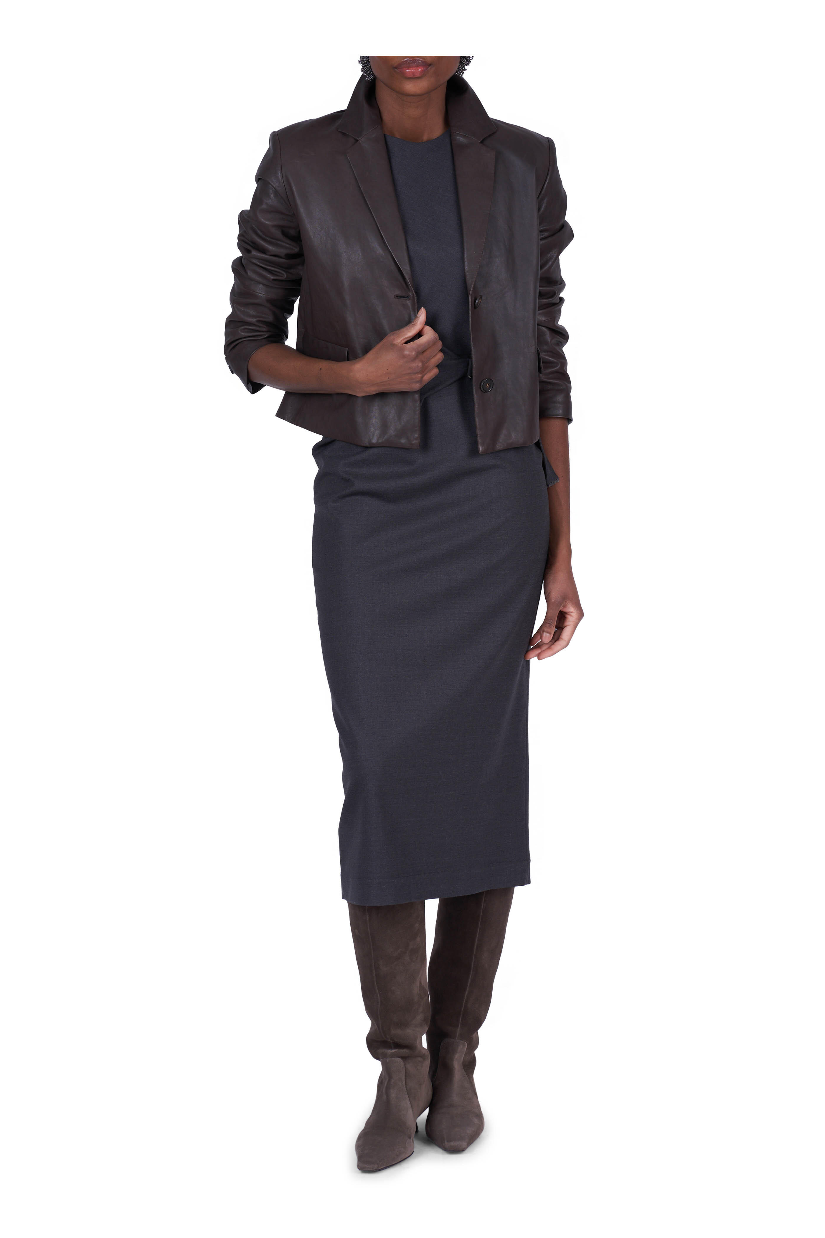 Brunello Cucinelli - Dark Gray Stretch Wool Wrap Midi Dress