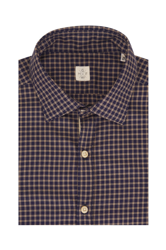 GMF Blue & Tan Grid Check Cotton Sport Shirt