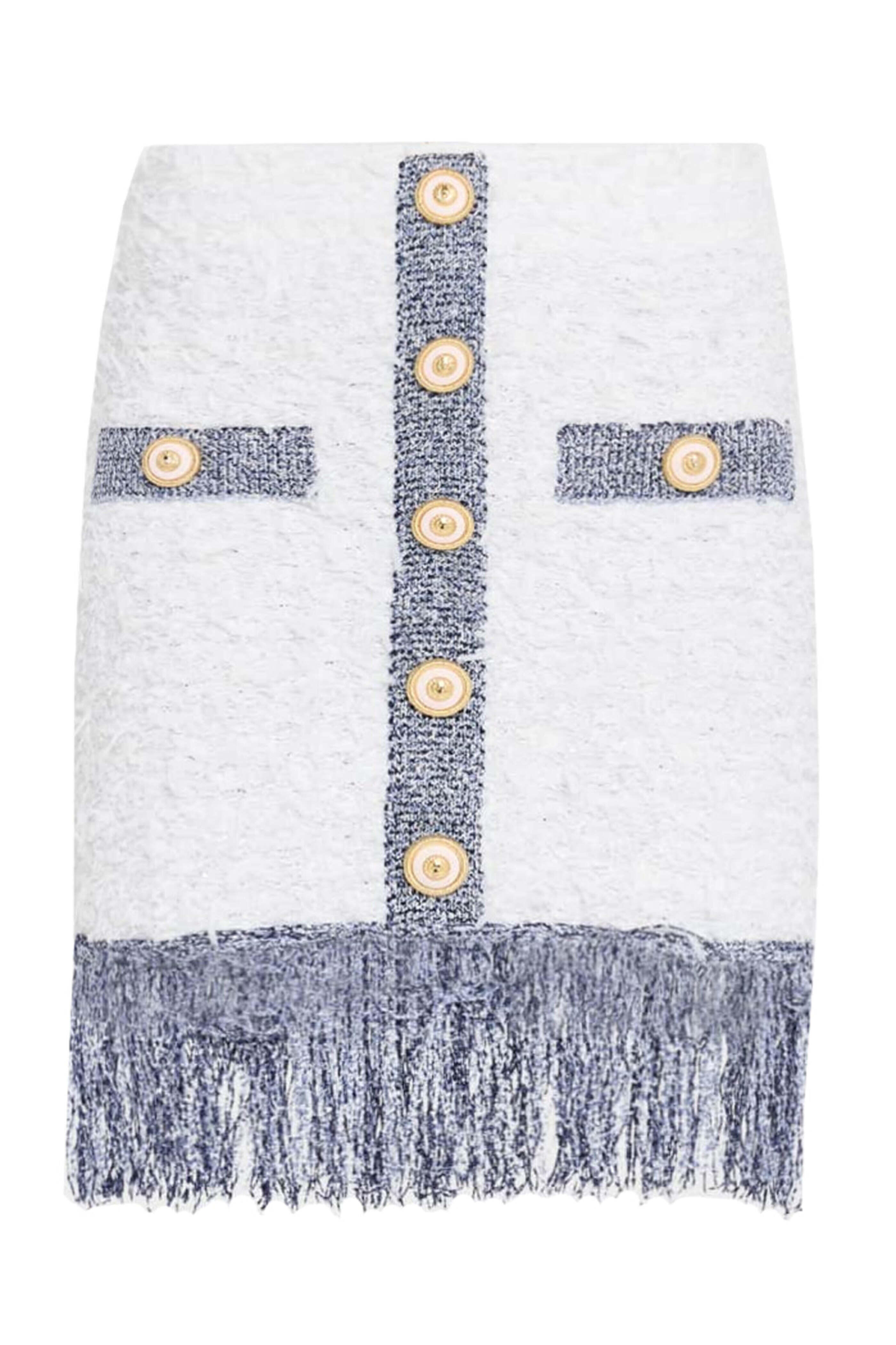 Balmain - Bleu Jean Tweed Fringe Mini Skirt