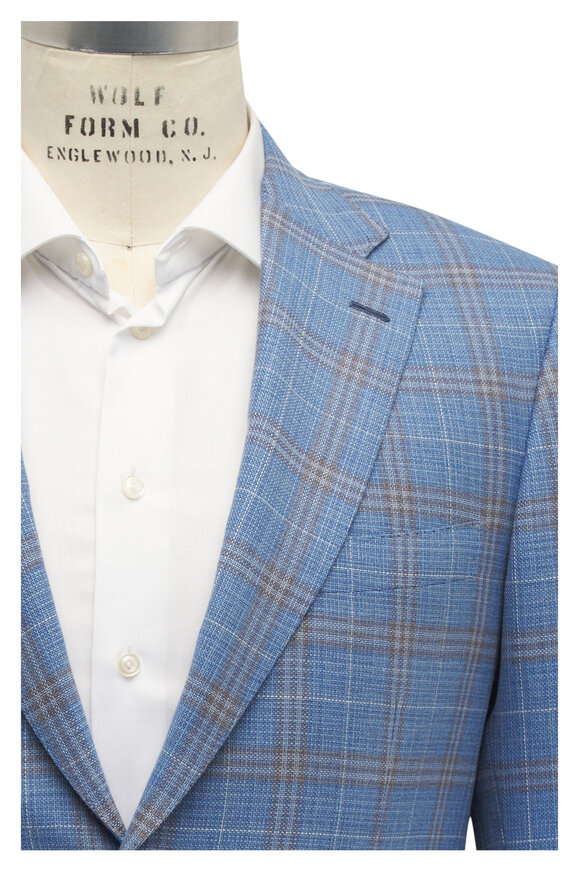 Brioni Light Blue & Brown Plaid Wool Sportcoat