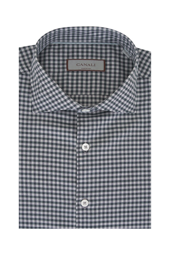 Canali Green Gingham Plaid Cotton Sport Shirt