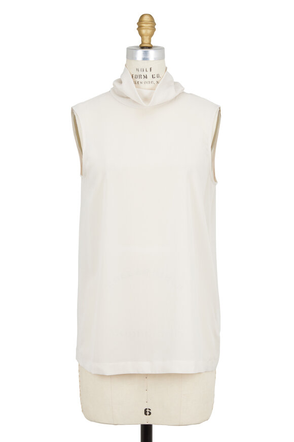 Brunello Cucinelli - Vanilla Stretch Silk Turtleneck Sleeveless Blouse