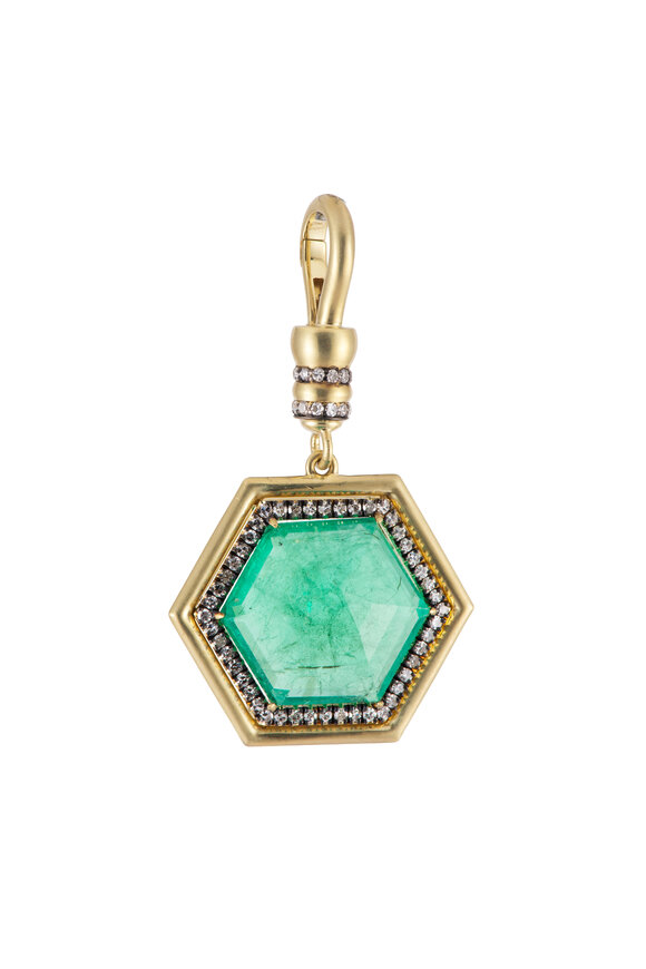 Sylva & Cie 18k Yellow Gold Hexagon Diamond & Emerald Pendant - view 1