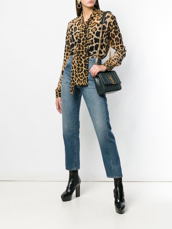 Saint Laurent - Leopard Printed Silk Tie-Neck Blouse