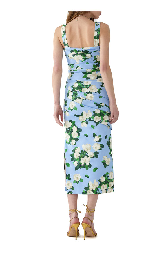 Carolina Herrera Cloud Blue & White Rose Print Draped Midi Dress - view 3