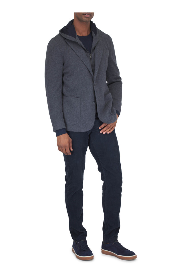 Designer outfit featuring Nerano Navy Blue Corduroy Five Pocket Pant, Charcoal Gray Jersey Dickey Jacket and 1 other piece