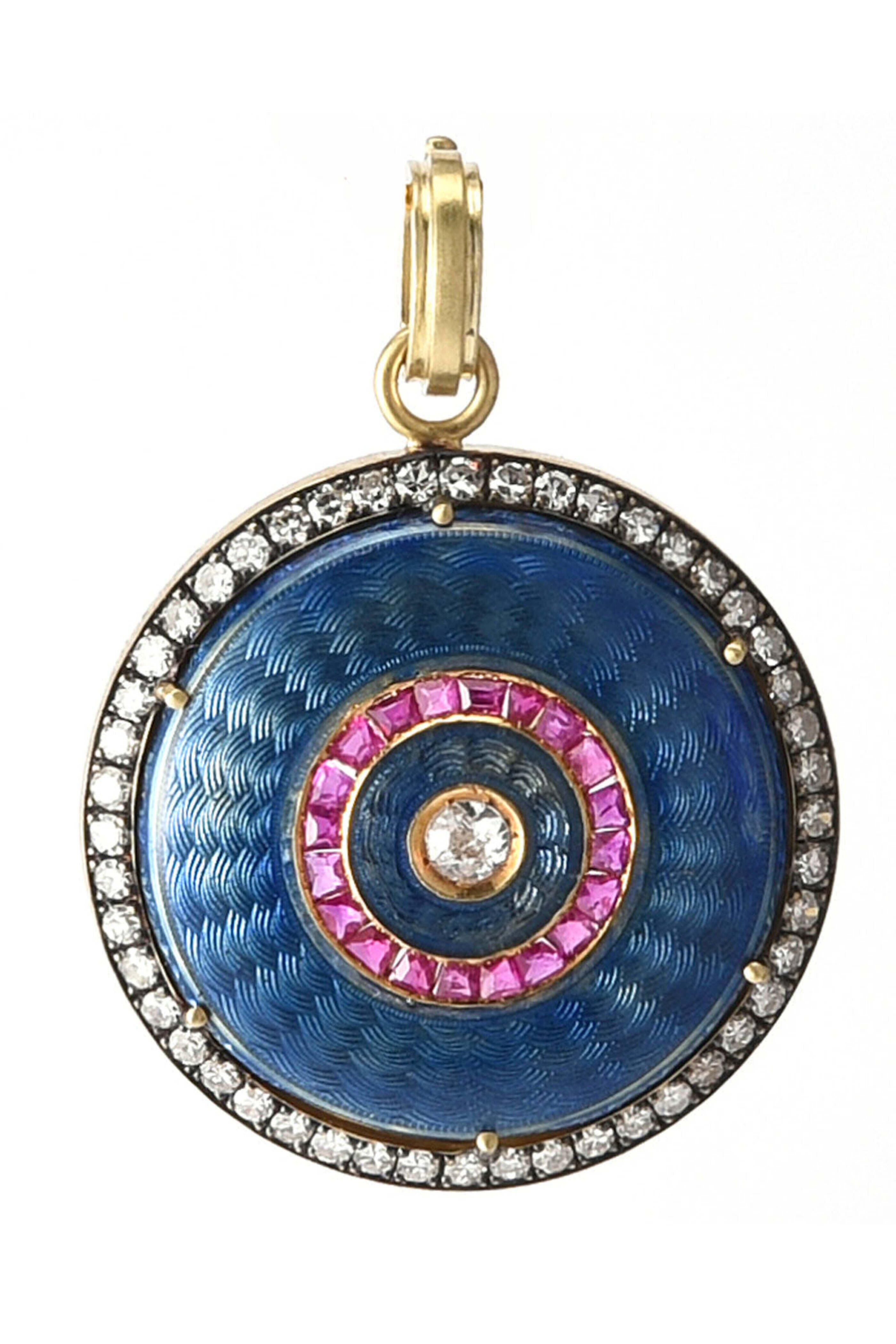 Sylva & Cie - Diamond Ruby & Blue Enamel Watch Case Pendant