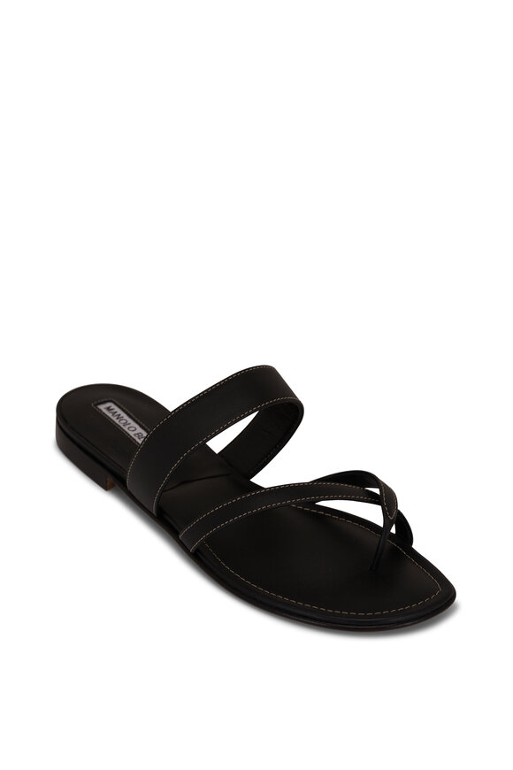 Manolo Blahnik Susacru Black Leather Flat Sandal, 10mm 