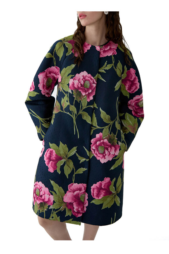 Carolina Herrera Peony Print Multicolor Jacquard Cocoon Coat - view 4