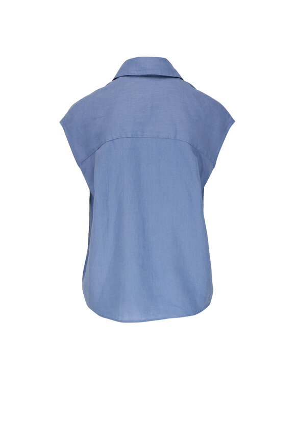 Vince Blue Linen Cap Sleeve Button Down Blouse  - view 5