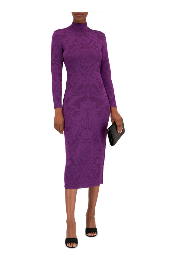 Carolina Herrera - Verbena Purple Floral Lace Turtleneck Midi Dress