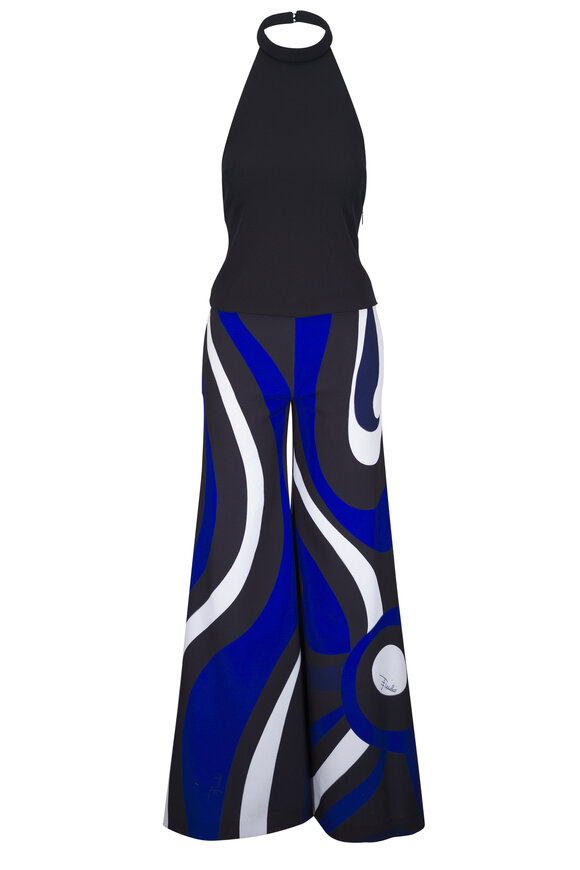 Pucci Blue & Black Multi Marmo Print Wide Leg Jumpsuit