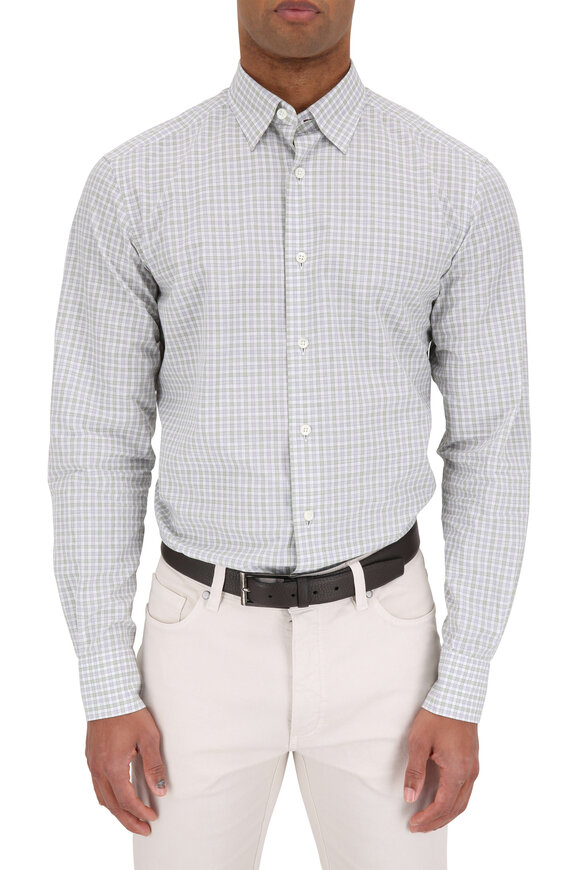 Zegna - Olive & Light Gray Check Tailored Fit Sport Shirt