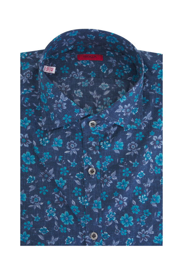 Isaia Blue Chambray Floral Print Cotton Sport Shirt