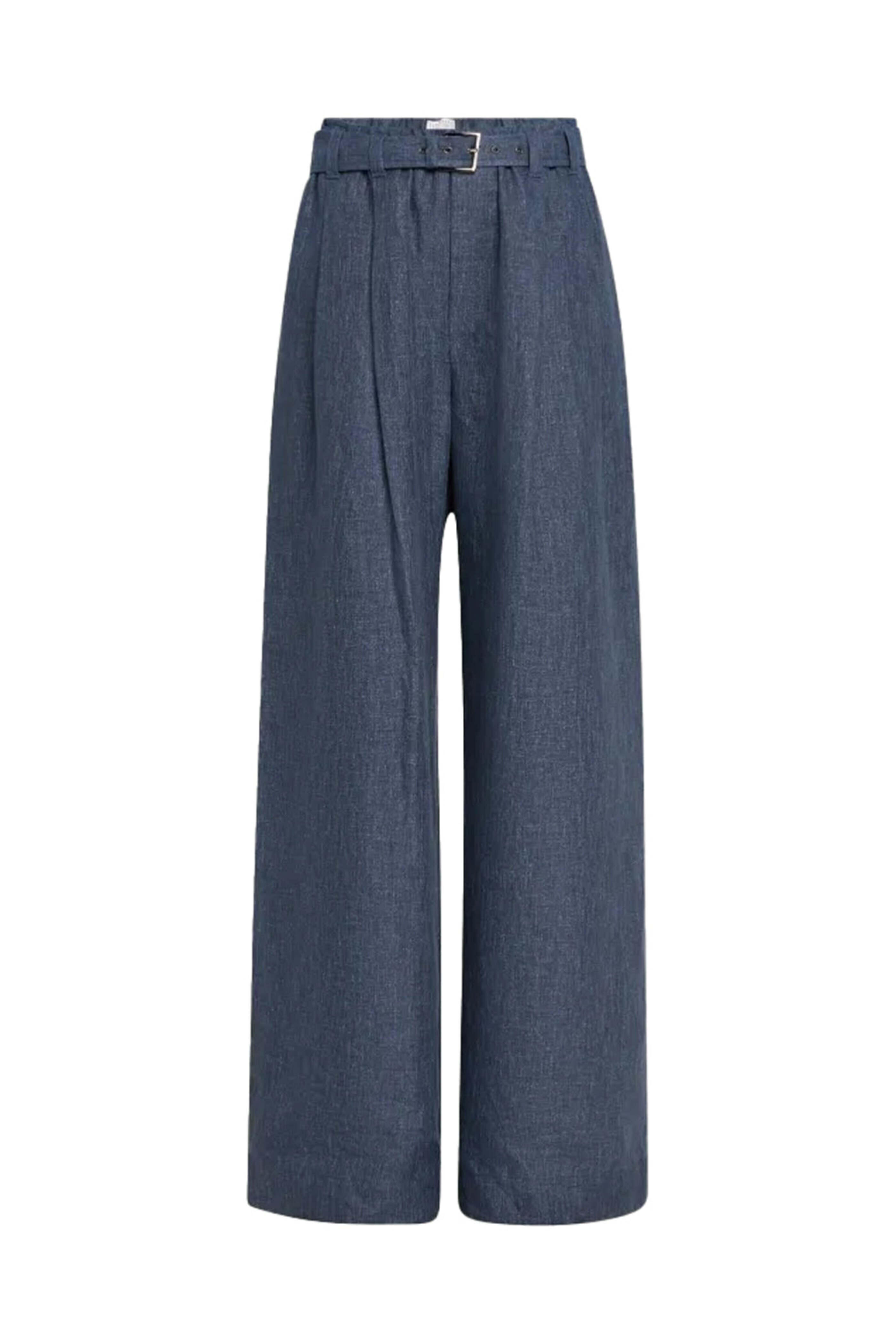 Brunello Cucinelli - Denim Blue Linen Belted Wide Leg Pant