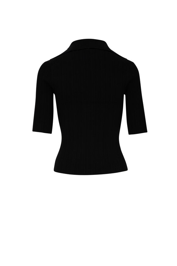 Vince - Black Ribbed Cotton Elbow Sleeve Polo Shirt