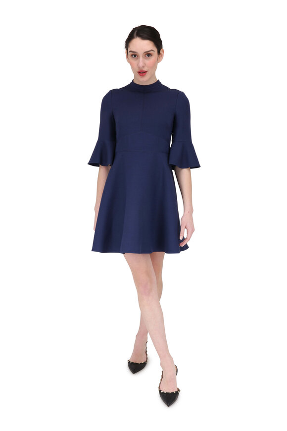 Venus navy blue lace bell-sleeve scalloped hem popular dress, women size 8