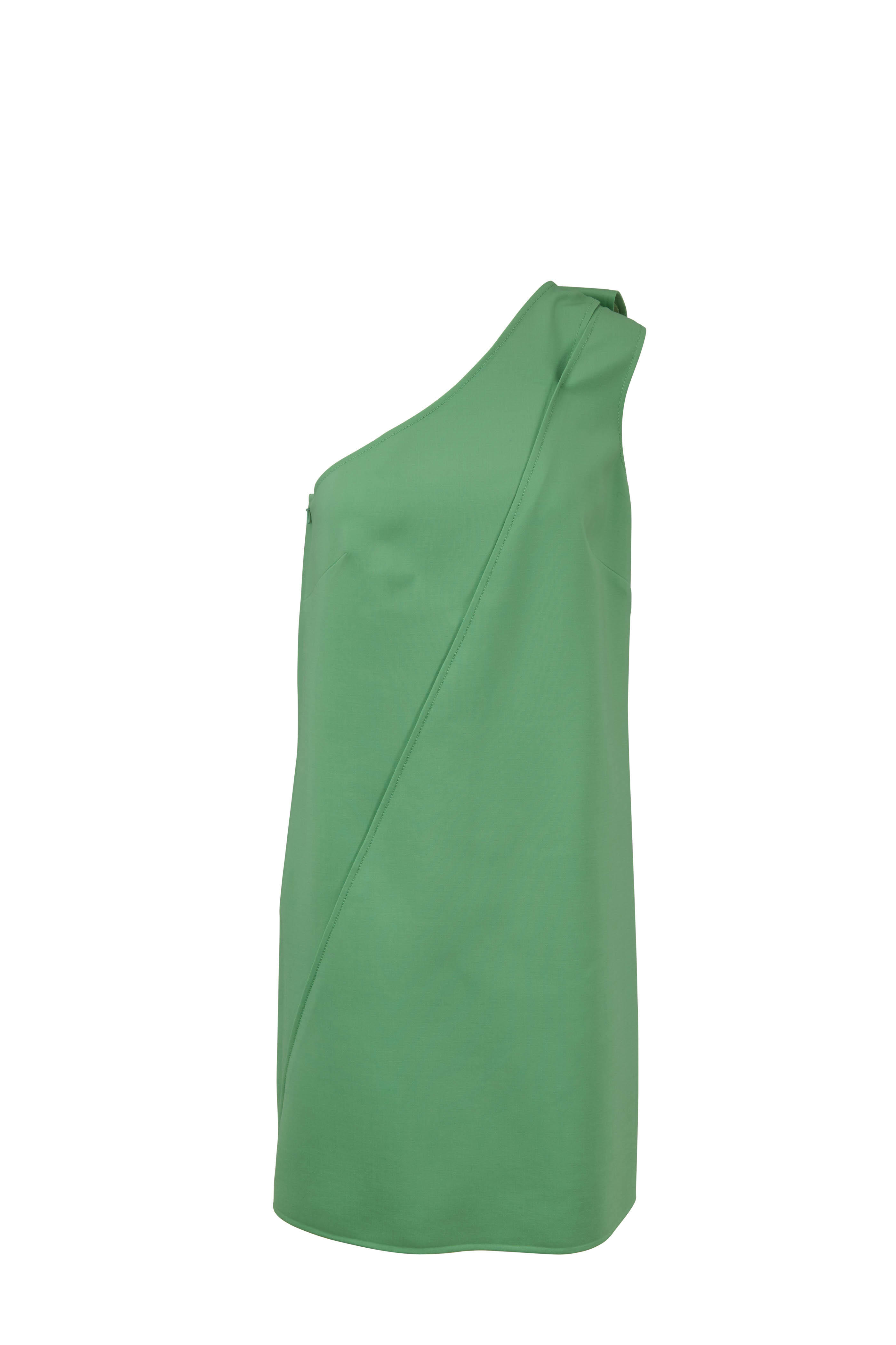 Oscar de la Renta - Green Stretch Wool One-Shoulder Dress