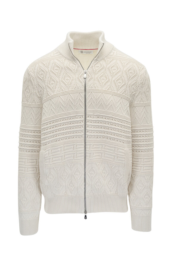 Brunello Cucinelli Off White Heritage Stitch Cotton Full Zip Cardigan