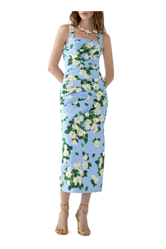 Carolina Herrera Cloud Blue & White Rose Print Draped Midi Dress - view 2