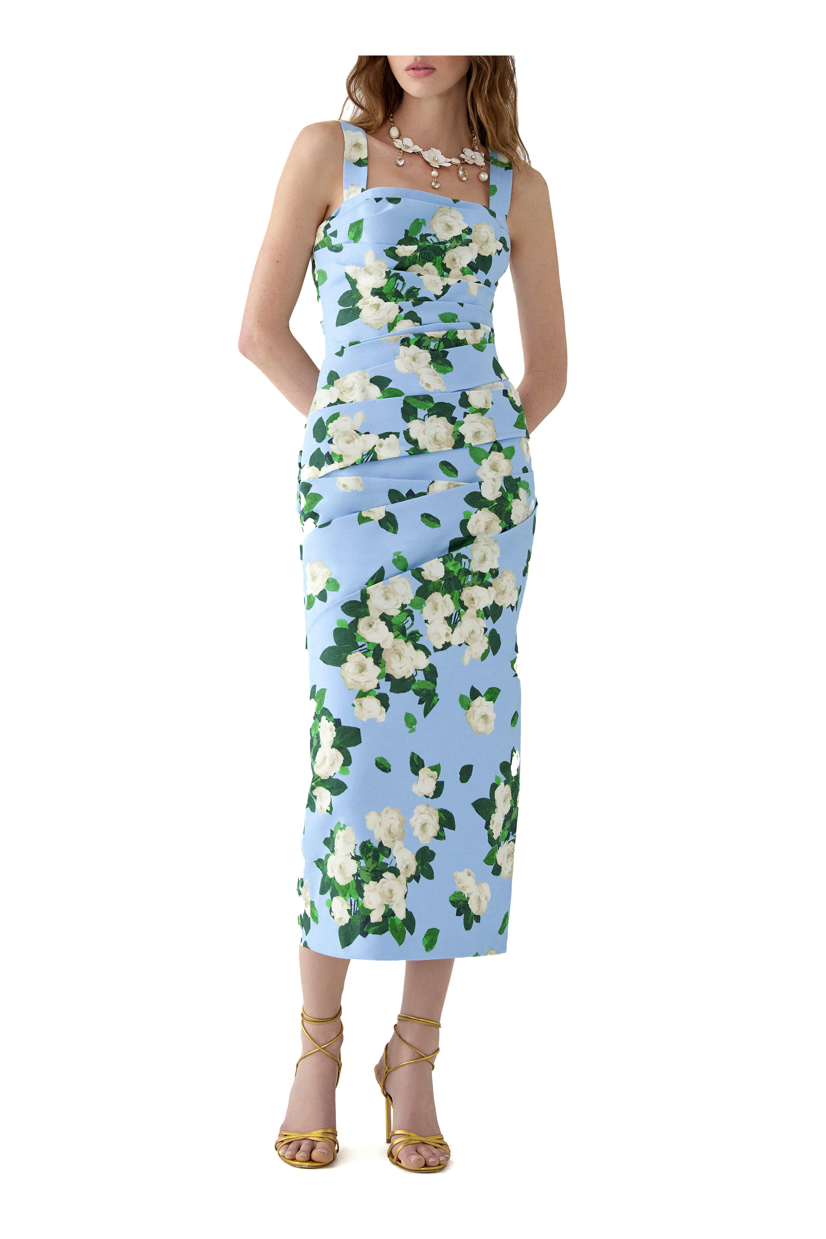 Carolina Herrera - Cloud Blue & White Rose Print Draped Midi Dress