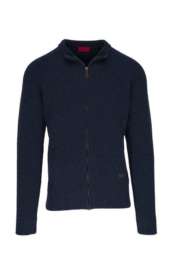 Isaia Blue Cashmere Full Zip Sweater 