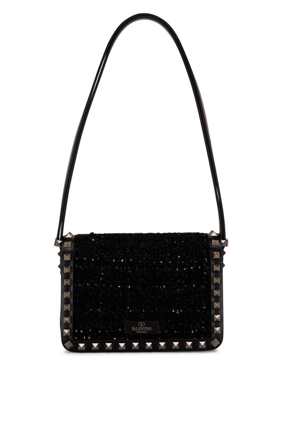 Valentino Garavani - Small Black Tweed & Rockstud Shoulder Bag 