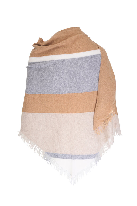 Kinross - Camel & Gray Multi Stripe Fringe Triangle Shawl