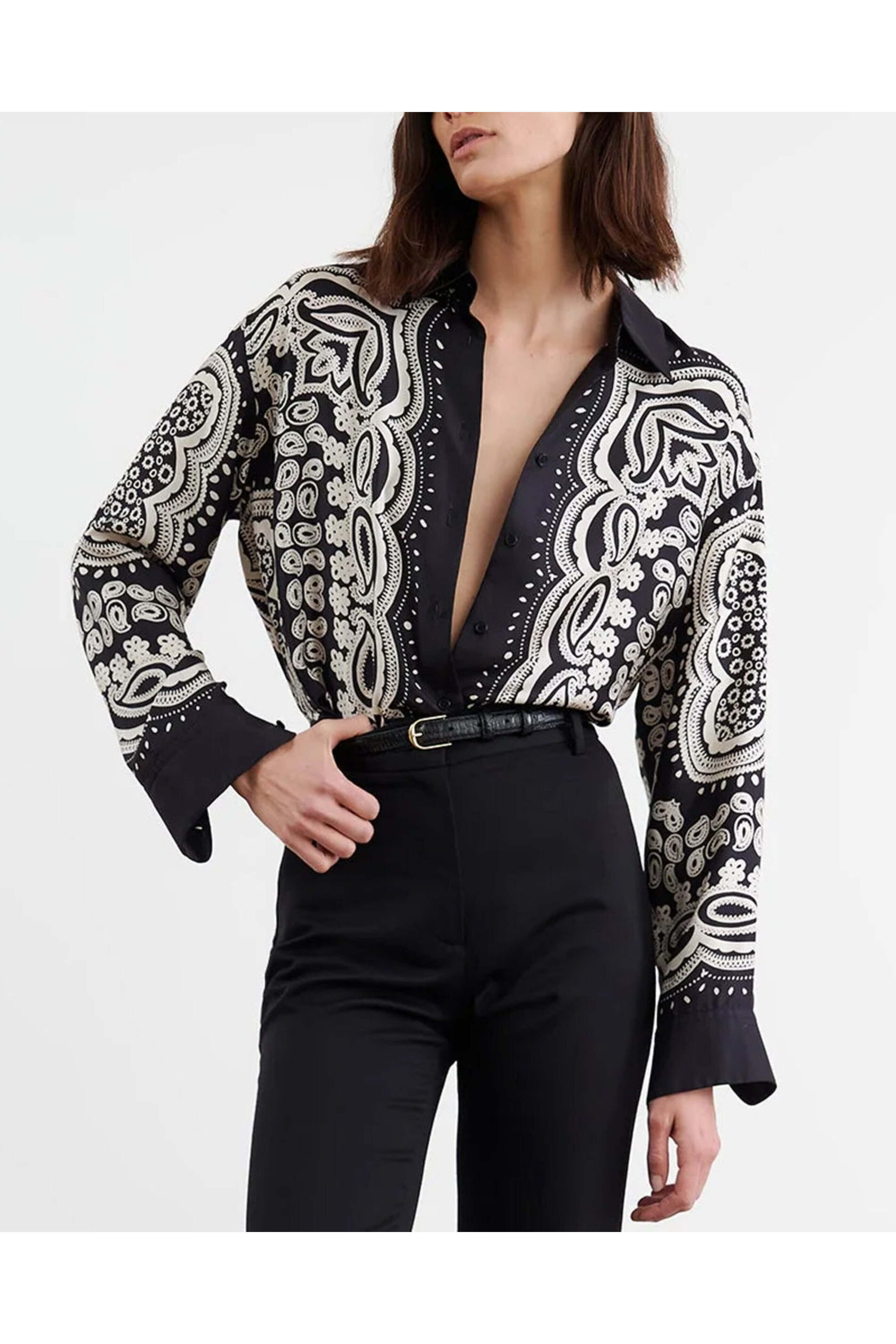 Nili Lotan - Black and Ivory Printed Alfie Shirt