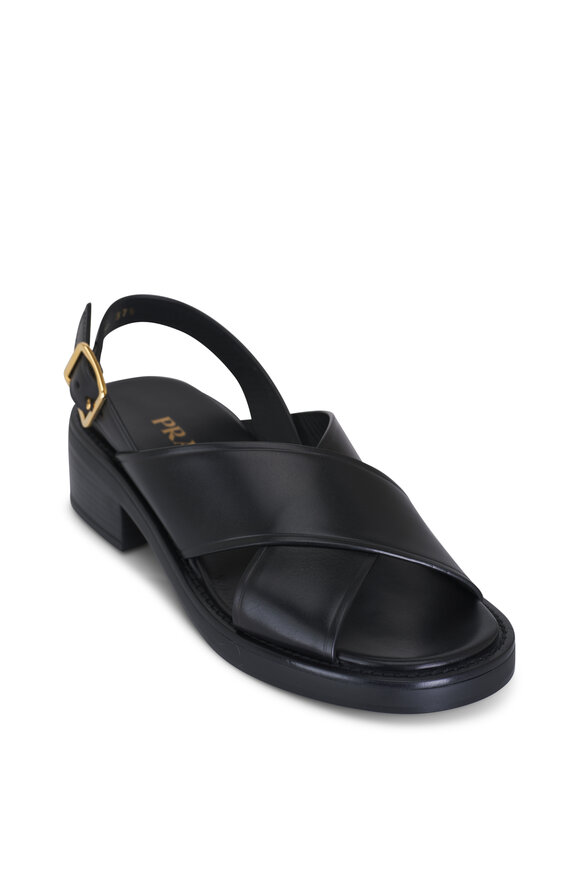 Prada Crisscross Slingback Black Leather Sandal, 45mm