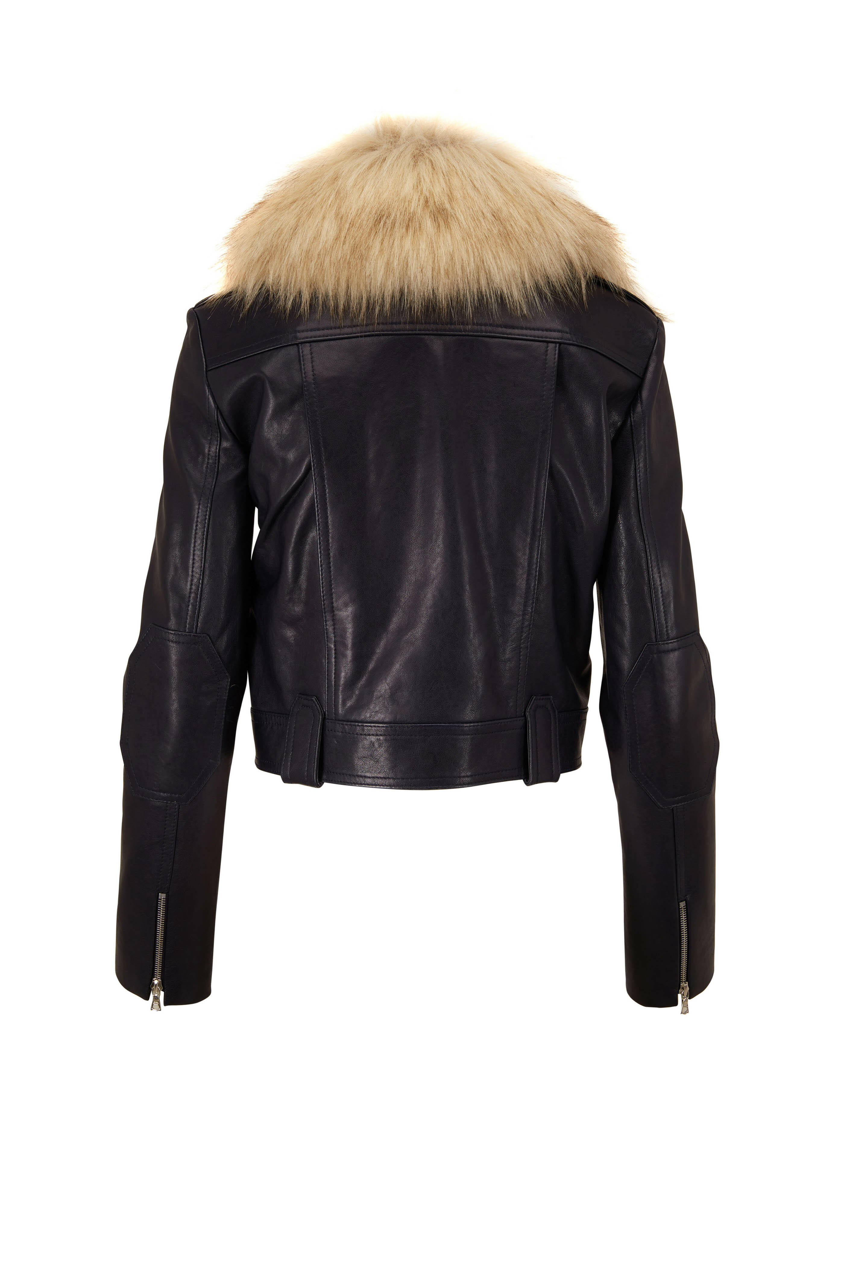 Antonia Navy Leather Faux Fur Collar Moto Jacket