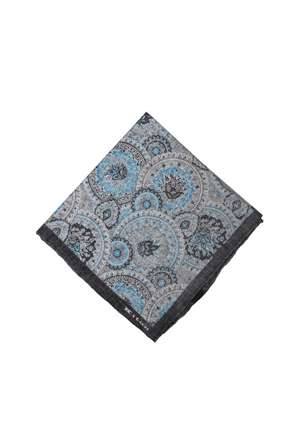 Kiton Gray Paisley Print Silk Pocket Square - view 1