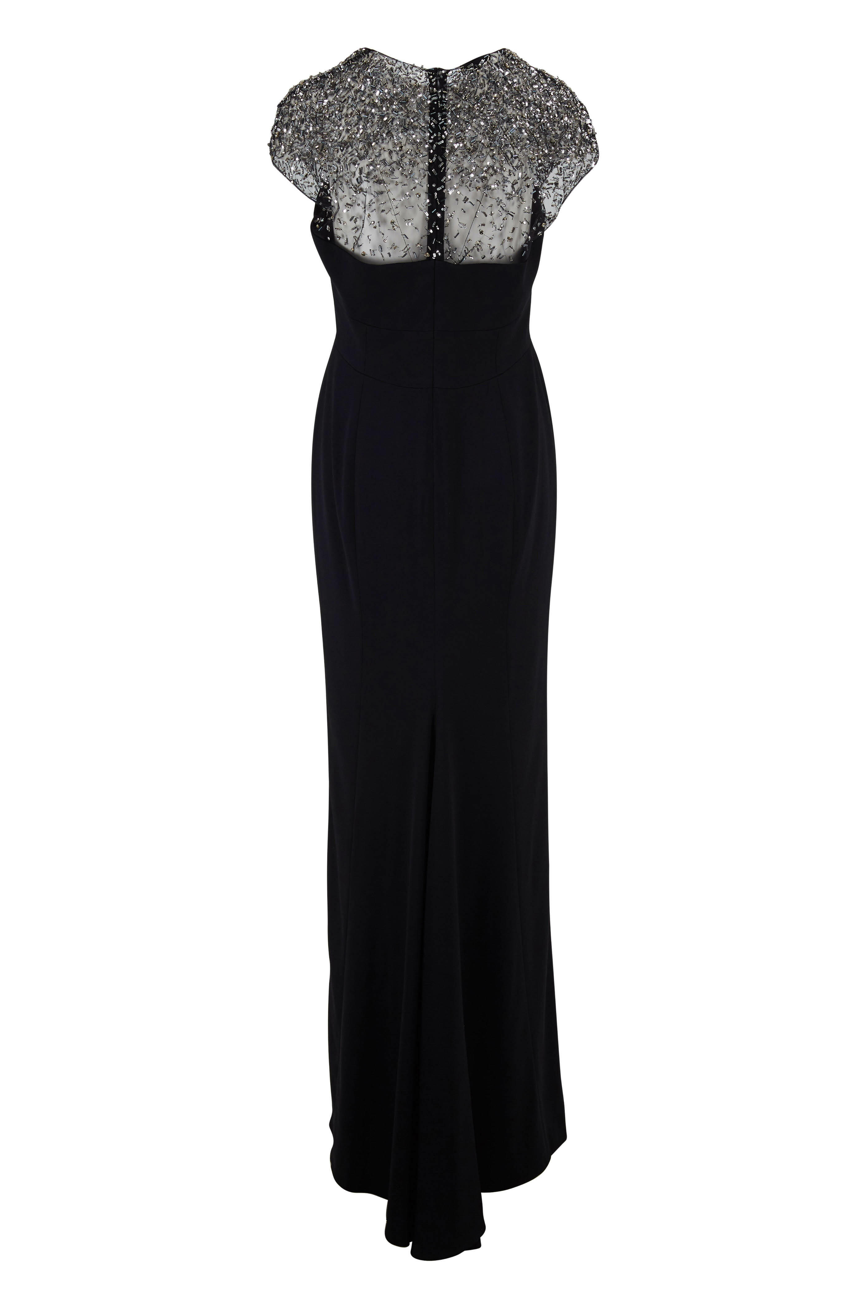 Escada - Glihana Black Beaded Illusion Cap Sleeve Gown