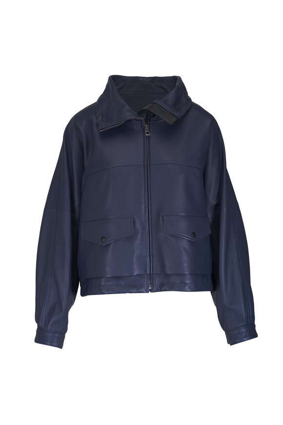 Loewe High Collar Dark Navy Leather Drawstring Jacket - view 1