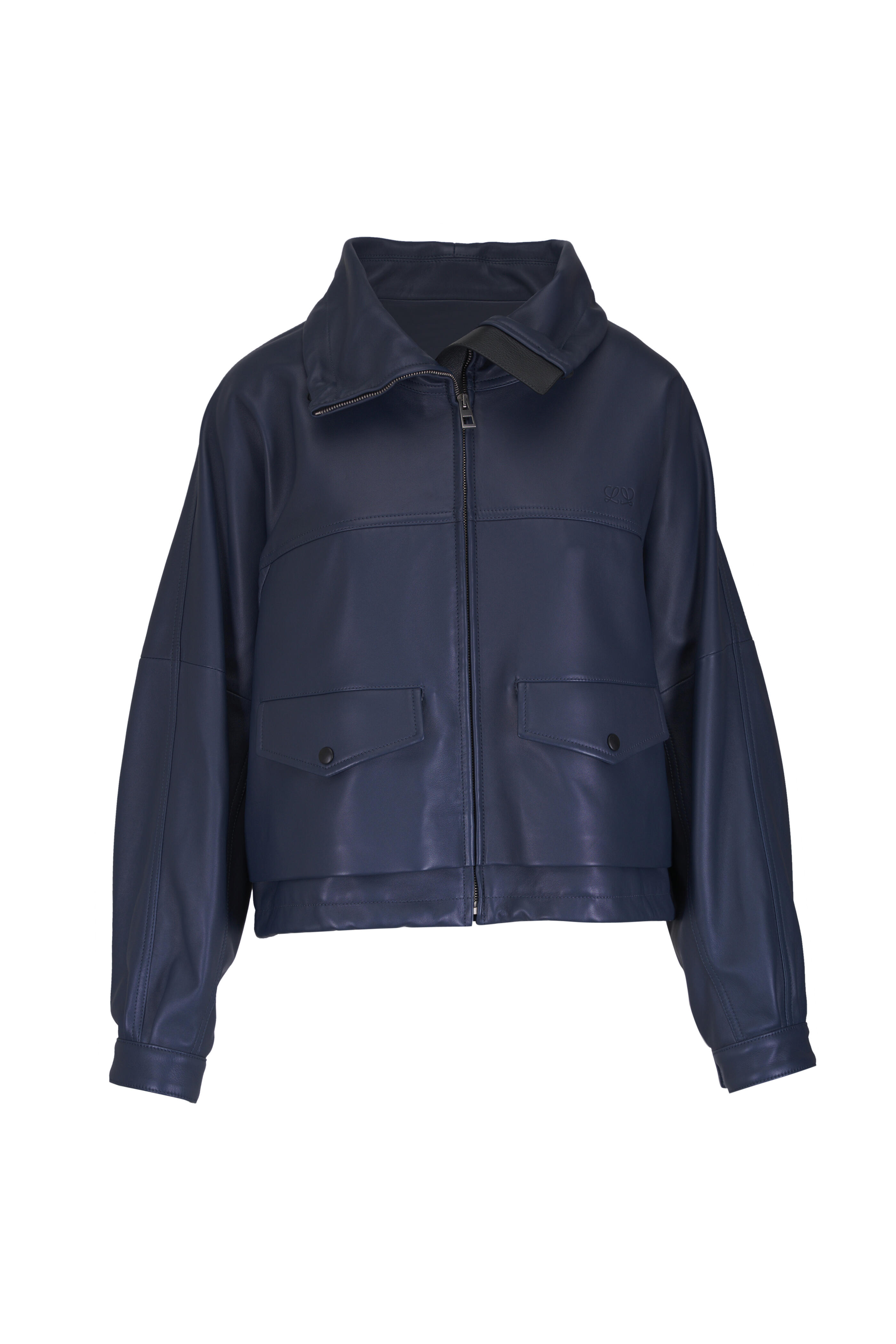 Loewe - High Collar Dark Navy Leather Drawstring Jacket - view 1