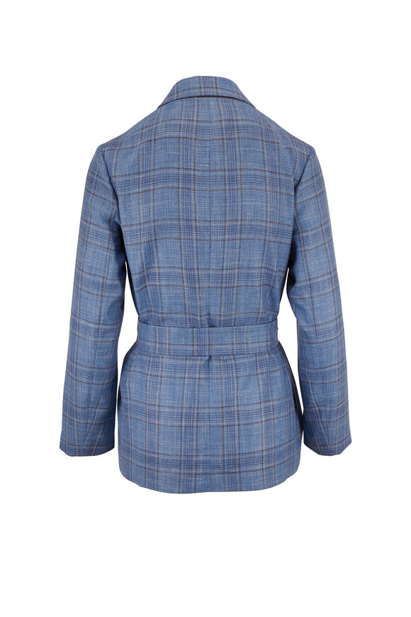 Rani Arabella - Blue Wool, Silk & Linen Plaid Belted Jacket